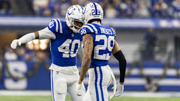 Dec 31, 2023; Indianapolis, Indiana, USA; Indianapolis Colts cornerback JuJu Brents (29) celebrates