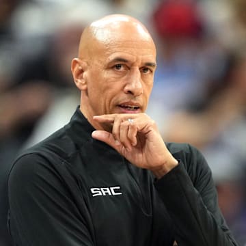 Apr 11, 2025; Sacramento, California, USA; Sacramento Kings interim head coach Doug Christie during the first quarter against the Los Angeles Clippers at Golden 1 Center. Mandatory Credit: Darren Yamashita-Imagn Images