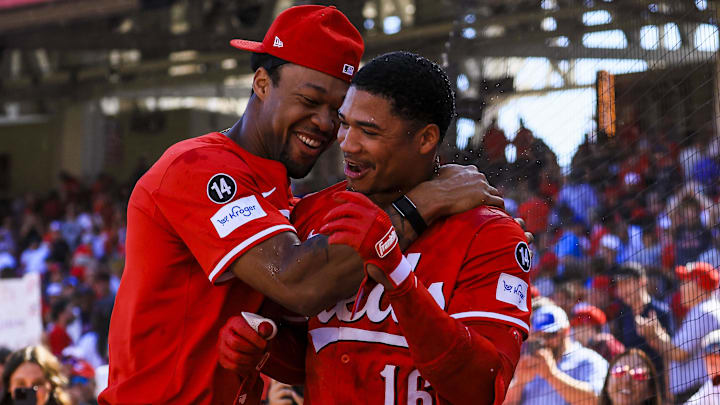 Sep 1, 2025; Cincinnati, Ohio, USA; Cincinnati Reds outfielder Will Benson (30) celebrates with outfielder Noelvi Marte (16) after the walk-off victory over the Toronto Blue Jays at Great American Ball Park. Mandatory Credit: Katie Stratman-Imagn Images