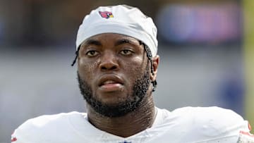 October 15, 2023; Inglewood, California, USA; Arizona Cardinals linebacker Victor Dimukeje (52) before the game against the Los Angeles Rams at SoFi Stadium. Mandatory Credit: Kyle Terada-Imagn Images