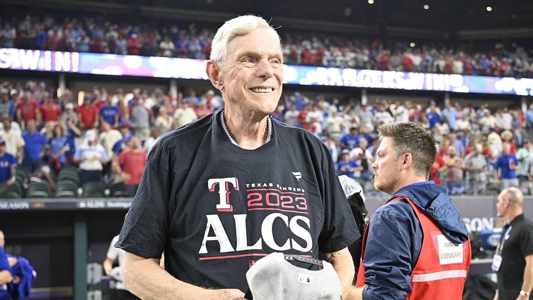 Oct 10, 2023; Arlington, Texas, USA; Texas Rangers owner Ray C. Davis smiles on field after the win against the Baltimore Orioles in game three of the ALDS for the 2023 MLB playoffs at Globe Life Field. Mandatory Credit: Jerome Miron-Imagn Images