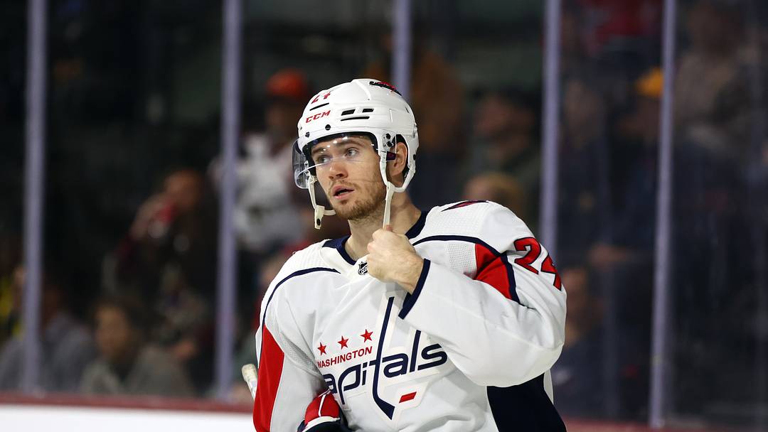 Dec 4, 2023; Tempe, Arizona, USA; Washington Capitals forward Connor McMichael (24) against the Arizona Coyotes at Mullett Arena. Mandatory Credit: Mark J. Rebilas-USA TODAY Sports