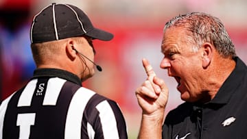 Oct 14, 2023; Tuscaloosa, Alabama, USA; Arkansas Razorbacks head coach Sam Pittman dresses down the line judge after failing to make a penalty call during the first quarter against the Alabama Crimson Tide at Bryant-Denny Stadium. Mandatory Credit: John David Mercer-Imagn Images
