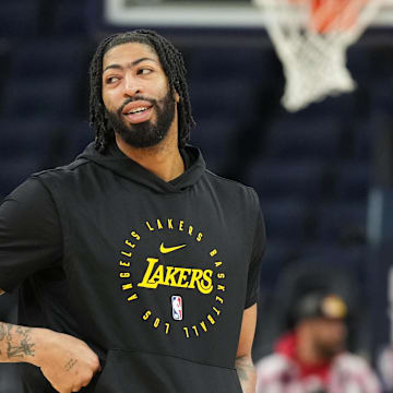 Jan 25, 2025; San Francisco, California, USA; Los Angeles Lakers forward Anthony Davis (3) walks on the court before the game against the Golden State Warriors at Chase Center. Mandatory Credit: Darren Yamashita-Imagn Images