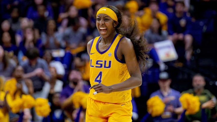 Mar 3, 2024: LSU Lady Tigers guard Flau'jae Johnson celebrates a score against the Kentucky Wildcats during the second half at Pete Maravich Assembly Center.