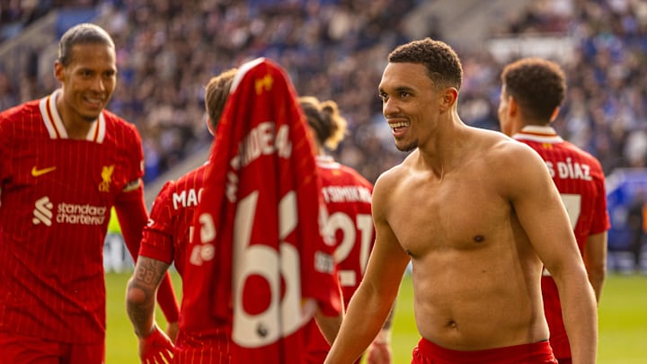 Trent Alexander-Arnold (front) scored the winner for Liverpool against Leicester City.