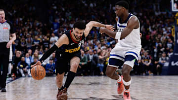 May 14, 2024; Denver, Colorado, USA; Denver Nuggets guard Jamal Murray (27) controls the ball 