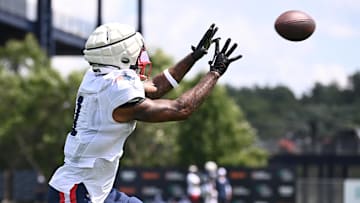 Aug 03, 2024; Foxborough, MA, USA; New England Patriots wide receiver Ja'Lynn Polk (1) makes a catch during training camp at Gillette Stadium. Mandatory Credit: Eric Canha-USA TODAY Sports