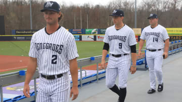 Hudson Valley Renegades players, from left, Ben Cowles, Ben Rice and Spencer Henson arrive for media day on April 5, 2023.

Renegades Media Day