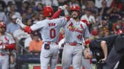 Jun 4, 2024; Houston, Texas, USA; St. Louis Cardinals shortstop Masyn Winn (0) celebrates with catcher Ivan Herrera (48) after hitting a home run during the sixth inning against the Houston Astros at Minute Maid Park. Mandatory Credit: Troy Taormina-USA TODAY Sports