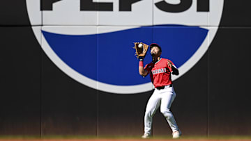 Sep 30, 2025; Cleveland, Ohio, USA; Cleveland Guardians outfielder Steven Kwan (38) catches the ball in the first inning against the Detroit Tigers during game one of the Wildcard round for the 2025 MLB playoffs at Progressive Field. Mandatory Credit: David Dermer-Imagn Images