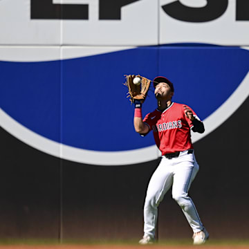 Sep 30, 2025; Cleveland, Ohio, USA; Cleveland Guardians outfielder Steven Kwan (38) catches the ball in the first inning against the Detroit Tigers during game one of the Wildcard round for the 2025 MLB playoffs at Progressive Field. Mandatory Credit: David Dermer-Imagn Images