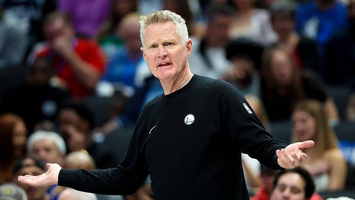 Mar 23, 2026; Dallas, Texas, USA;  Golden State Warriors head coach Steve Kerr reacts against the Dallas Mavericks during the first half at American Airlines Center. Mandatory Credit: Kevin Jairaj-Imagn Images