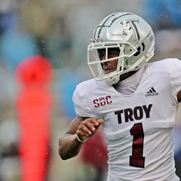 Oct 14, 2023; West Point, New York, USA; Troy Trojans wide receiver Jabre Barber (1) runs after a catch against the Army Black Knights during the first half at Michie Stadium. Mandatory Credit: Danny Wild-Imagn Images