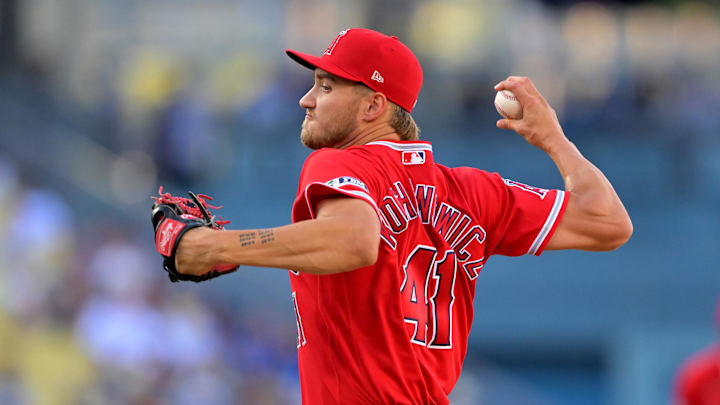 Mar 24, 2026; Los Angeles, California, USA; Los Angeles Angels pitcher Jack Kochanowicz (41) delivers to the plate during the second against the Los Angeles Dodgers at Dodger Stadium. Mandatory Credit: Jayne Kamin-Oncea-Imagn Images