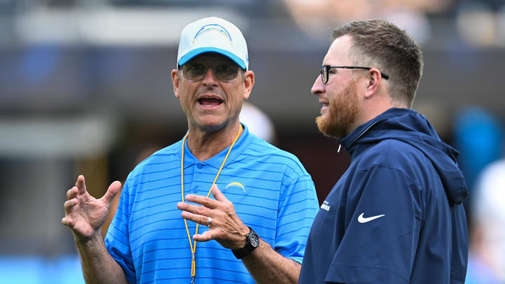 Aug 10, 2024; Inglewood, California, USA; Los Angeles Chargers head coach Jim Harbaugh against the Seattle Seahawks during the pregame warmups at SoFi Stadium. Mandatory Credit: Jonathan Hui-USA TODAY Sports