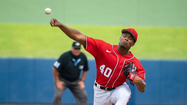 Washington Nationals pitcher Josiah Gray throws the ball against the St. Louis Cardinals during a spring training game at the Ballpark of the Palm Beaches in West Palm Beach, Florida on March 4, 2023.
