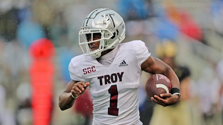 Oct 14, 2023; West Point, New York, USA; Troy Trojans wide receiver Jabre Barber (1) runs after a catch against the Army Black Knights during the first half at Michie Stadium. Mandatory Credit: Danny Wild-Imagn Images