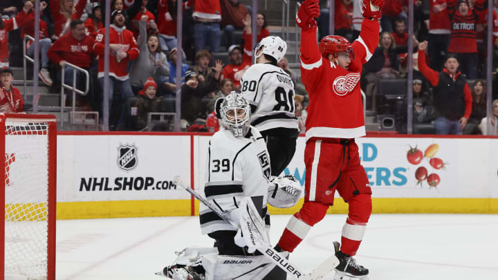 Jan 13, 2024; Detroit, Michigan, USA;  Detroit Red Wings center Andrew Copp (18) celebrates after