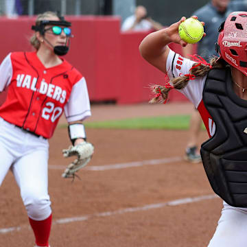 Valders High School's Makayla Dallas (1) throws the ball to first base during a Division 3 state semifinal at the 2025 WIAA state softball tournament on Friday, June 13, 2025, at Goodman Softball Complex in Madison, Wisconsin..Tork Mason/USA TODAY NETWORK-Wisconsin