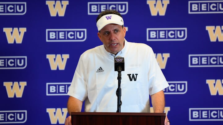 Washington Huskies head coach Jedd Fisch speaks to the media. Mandatory Credit: Steven Bisig-Imagn Images