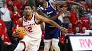 Rutgers Scarlet Knights guard Dylan Harper (2) drives to the basket as St. Peter's Peacocks forward Stephon Roberts (15) defends during the second half at Jersey Mike's Arena.