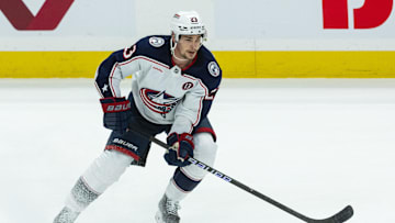 Mar 29, 2025; Ottawa, Ontario, CAN; Columbus Blue Jackets center Sean Monahan (23) controls  the puck in the third period against the Ottawa Senators at the Canadian Tire Centre. Mandatory Credit: Marc DesRosiers-Imagn Images