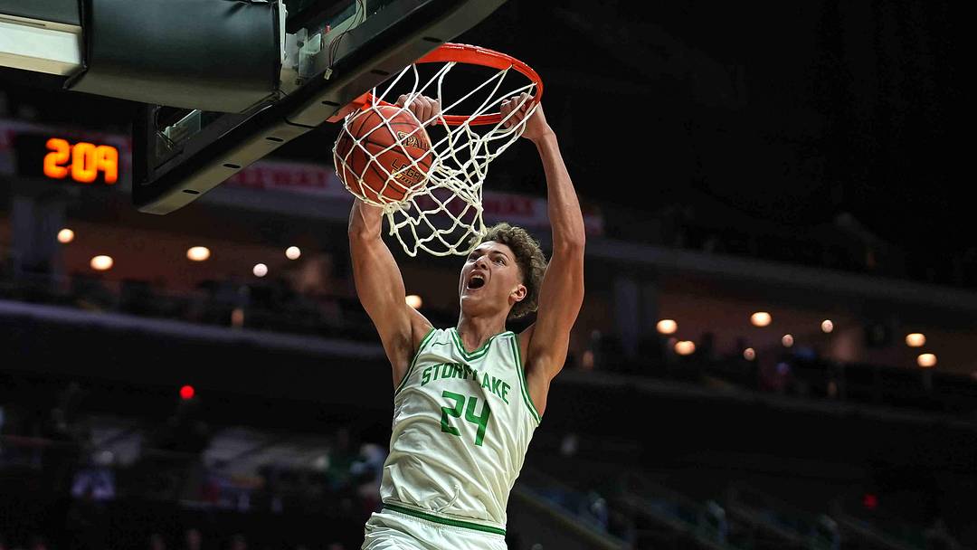 Storm Lake junior Jaidyn Coon dunks the basketball against ADM during the Iowa high school boys state basketball tournament on Monday, March 10, 2025, at Wells Fargo Arena in Des Moines. Mandatory Credit: Bryon Houlgrave-The Des Moines Register