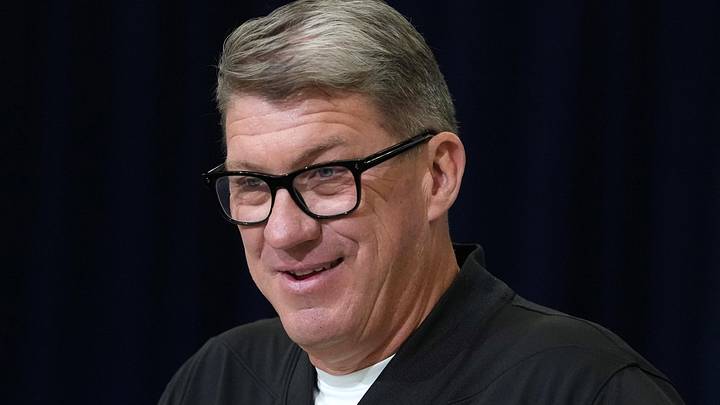 Feb 24, 2026; Indianapolis, IN, USA; Tampa Bay Buccaneers general manager Jason Licht speaks at the NFL Scouting Combine at the Indiana Convention Center. Mandatory Credit: Kirby Lee-Imagn Images