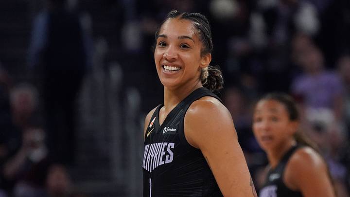 Aug 17, 2026; San Francisco, California, USA; Golden State Valkyries forward Gabby Williams (1) smiles as she waits for play to resume against the Dallas Wings in the second quarter at Chase Center. Mandatory Credit: David Gonzales-Imagn Images