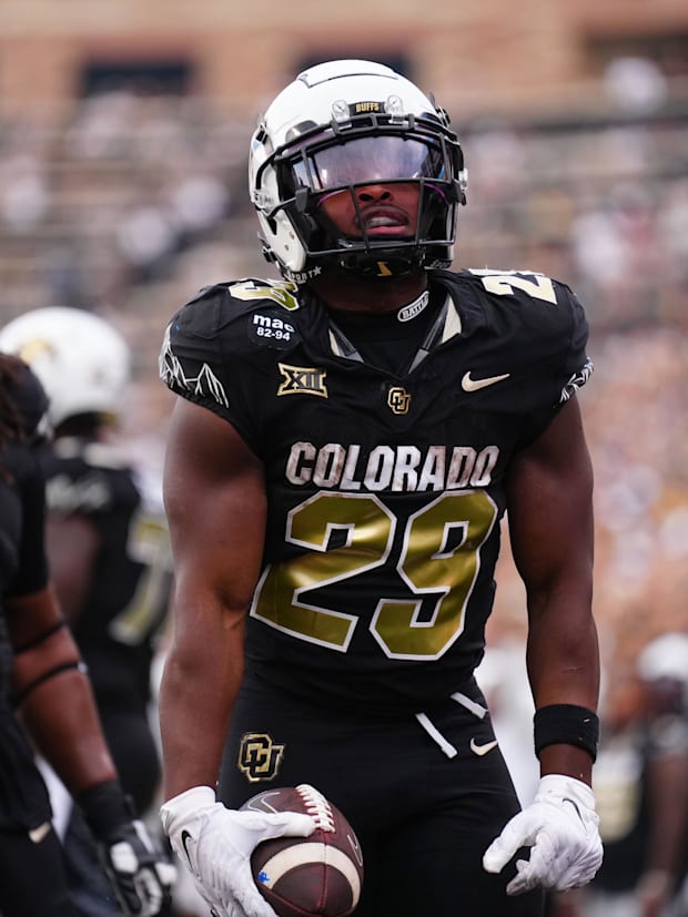 Sep 6, 2025; Boulder, Colorado, USA; Colorado Buffaloes running back Micah Welch (29) celebrates a touchdown in the second ha