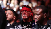Former WWE wrestler Hulk Hogan before the fight between Colby Covington (red gloves) and Joaquin Buckley (blue gloves) at Amalie Arena on Dec. 14, 2024.