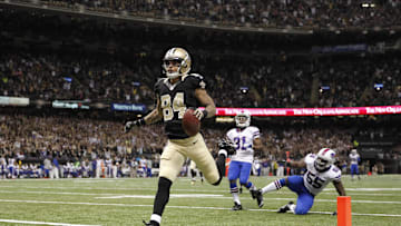 Oct 27, 2013; New Orleans, LA, USA; New Orleans Saints wide receiver Kenny Stills (84) carries the ball into the end zone for a touchdown in the second quarter agains the Buffalo Bills at Mercedes-Benz Superdome. Mandatory Credit: Crystal LoGiudice-Imagn Images