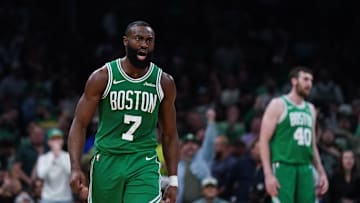 May 7, 2025; Boston, Massachusetts, USA; Boston Celtics guard Jaylen Brown (7) react after a play against the New York Knicks in the second quarter during game two of the second round for the 2025 NBA Playoffs at TD Garden. Mandatory Credit: David Butler II-Imagn Images
