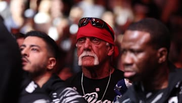 Former WWE wrestler Hulk Hogan before the fight between Colby Covington (red gloves) and Joaquin Buckley (blue gloves) at Amalie Arena on Dec. 14, 2024.