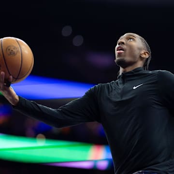 Mar 1, 2025; Philadelphia, Pennsylvania, USA; Philadelphia 76ers guard Tyrese Maxey before action against the Golden State Warriors at Wells Fargo Center. Mandatory Credit: Bill Streicher-Imagn Images