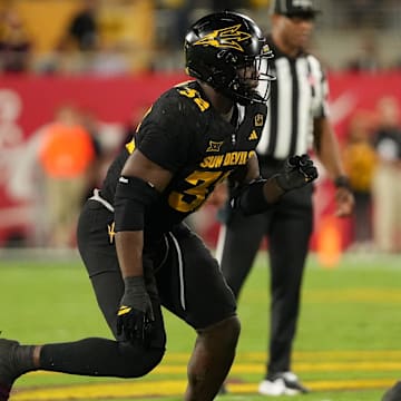 Sep 26, 2025; Tempe, Arizona, USA; Arizona State Sun Devils defensive lineman Prince Dorbah (32) rushes the passer against the TCU Horned Frogs in the second half at Mountain America Stadium, Home of the ASU Sun Devils. Mandatory Credit: Jacob Reiner-Imagn Images