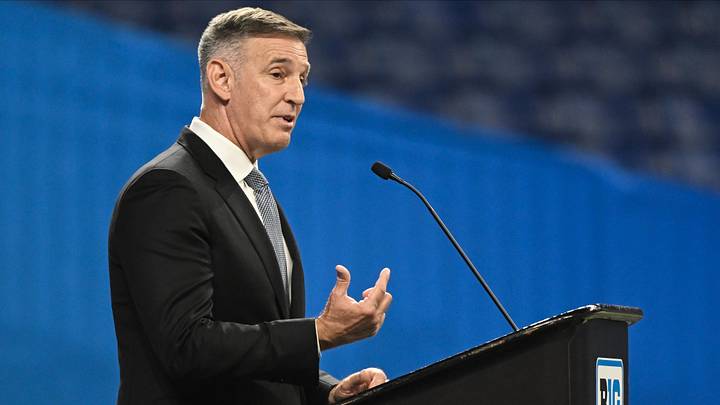 Jul 23, 2024; Indianapolis, IN, USA;  Big Ten commissioner Tony Petitti speaks to the media during the Big 10 football media day at Lucas Oil Stadium. Mandatory Credit: Robert Goddin-Imagn Images