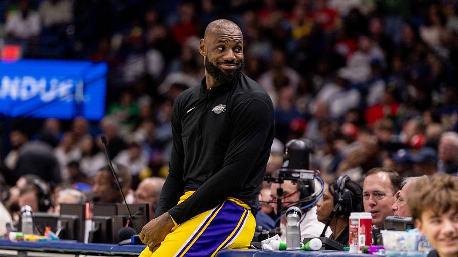 Los Angeles Lakers forward LeBron James looks at a fan during the game against the New Orleans Pelicans.