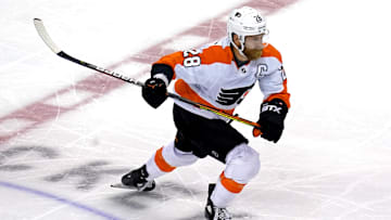 Aug 18, 2020; Toronto, Ontario, CAN; Philadelphia Flyers center Claude Giroux (28) skates against the Montreal Canadiens in game four of the first round of the 2010 Stanley Cup Playoffs at Scotiabank Arena.