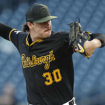 Pittsburgh Pirates starting pitcher Paul Skenes (30) pitches against the Miami Marlins during the first inning at PNC Park. 