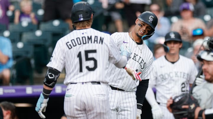 Aug 5, 2025; Denver, Colorado, USA; Colorado Rockies catcher Hunter Goodman (15) celebrates his two run home run with shortstop Ezequiel Tovar (14) in the first inning against the Toronto Blue Jays at Coors Field. Mandatory Credit: Isaiah J. Downing-Imagn Images