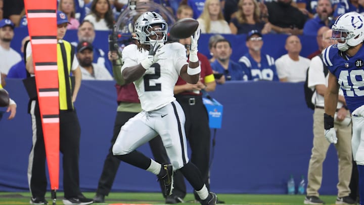 Oct 5, 2025; Indianapolis, Indiana, USA; Las Vegas Raiders running back Ashton Jeanty (2) makes a catch against the Indianapolis Colts during the first quarter at Lucas Oil Stadium. Mandatory Credit: Trevor Ruszkowski-Imagn Images Oct 5, 2025; Indianapolis, Indiana, USA; Las Vegas Raiders running back Ashton Jeanty (2) makes a catch against the Indianapolis Colts during the first quarter at Lucas Oil Stadium. Mandatory Credit: Trevor Ruszkowski-Imagn Images