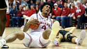 Indiana forward Sam Alexis celebrates after a play Nov. 20, 2025, against Lindenwood at Simon Skjodt Assembly Hall.