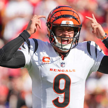 Sep 15, 2024; Kansas City, Missouri, USA; Cincinnati Bengals quarterback Joe Burrow (9) gestures on the line of scrimmage against the Kansas City Chiefs during the first half at GEHA Field at Arrowhead Stadium. Mandatory Credit: Denny Medley-Imagn Images