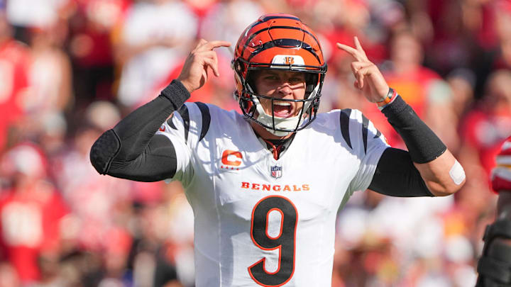 Sep 15, 2024; Kansas City, Missouri, USA; Cincinnati Bengals quarterback Joe Burrow (9) gestures on the line of scrimmage against the Kansas City Chiefs during the first half at GEHA Field at Arrowhead Stadium. Mandatory Credit: Denny Medley-Imagn Images