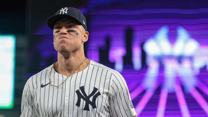 Aug 23, 2024; Bronx, New York, USA; New York Yankees center fielder Aaron Judge (99) runs off the field after the top of the top of the eighth inning against the Colorado Rockies at Yankee Stadium. Mandatory Credit: Vincent Carchietta-USA TODAY Sports