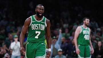 May 7, 2025; Boston, Massachusetts, USA; Boston Celtics guard Jaylen Brown (7) react after a play against the New York Knicks in the second quarter during game two of the second round for the 2025 NBA Playoffs at TD Garden. Mandatory Credit: David Butler II-Imagn Images