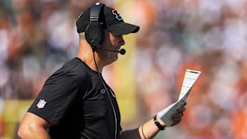 Oct 6, 2024; Cincinnati, Ohio, USA; Cincinnati Bengals head coach Zac Taylor calls a play in the first half against the Baltimore Ravens at Paycor Stadium. Mandatory Credit: Katie Stratman-Imagn Images