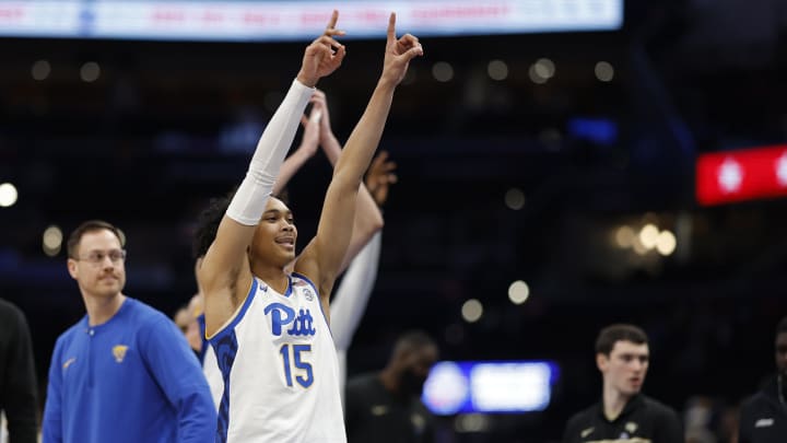 Mar 14, 2024; Washington, D.C., USA; Pittsburgh Panthers guard Jaland Lowe (15) celebrates after the game against the Wake Forest Demon Deacons at Capital One Arena. Mandatory Credit: Geoff Burke-USA TODAY Sports